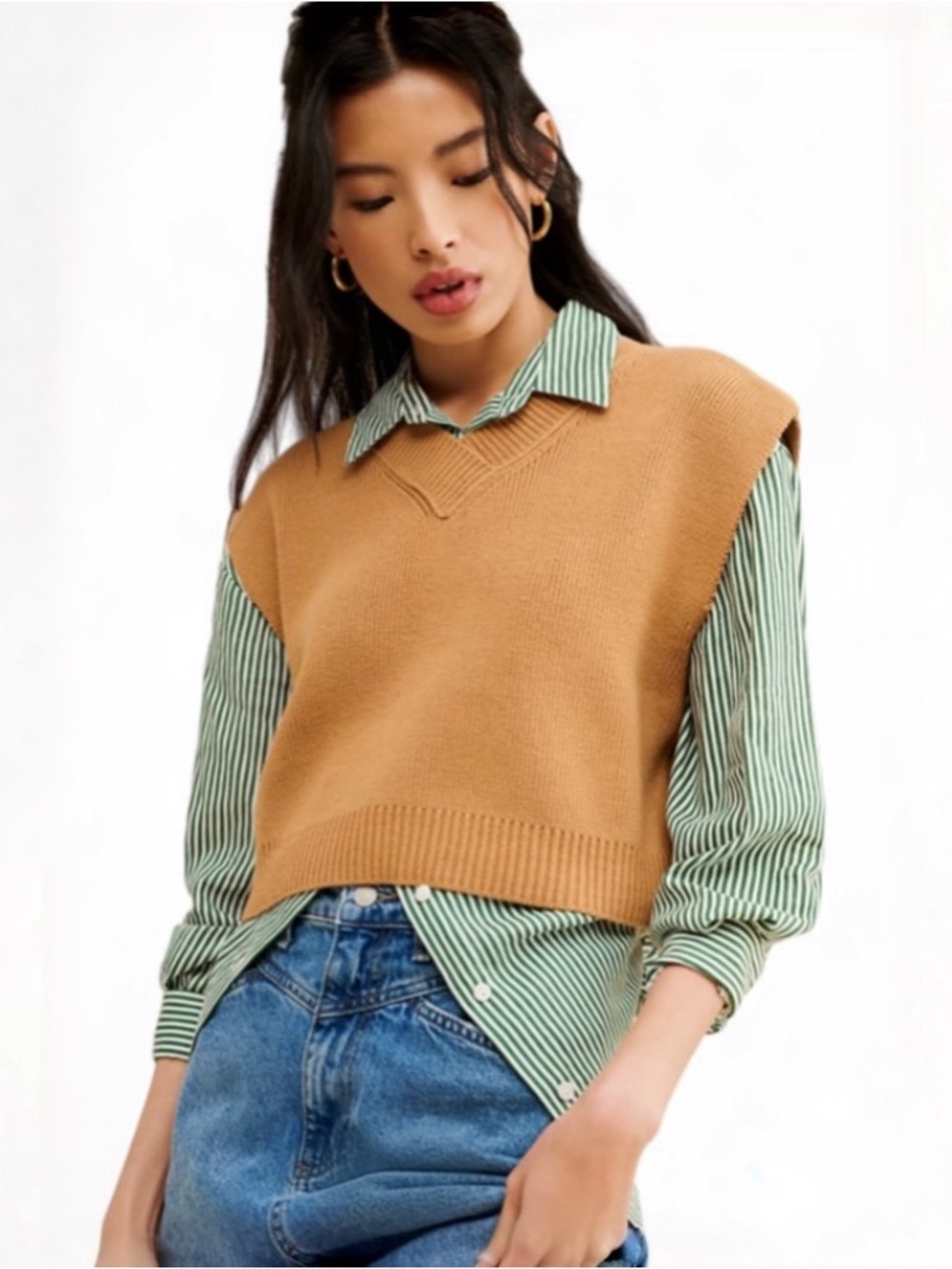 Free People Easy Street Vest Tan Cropped Camel Sweater Vest Rib Knit Preppy Sz M